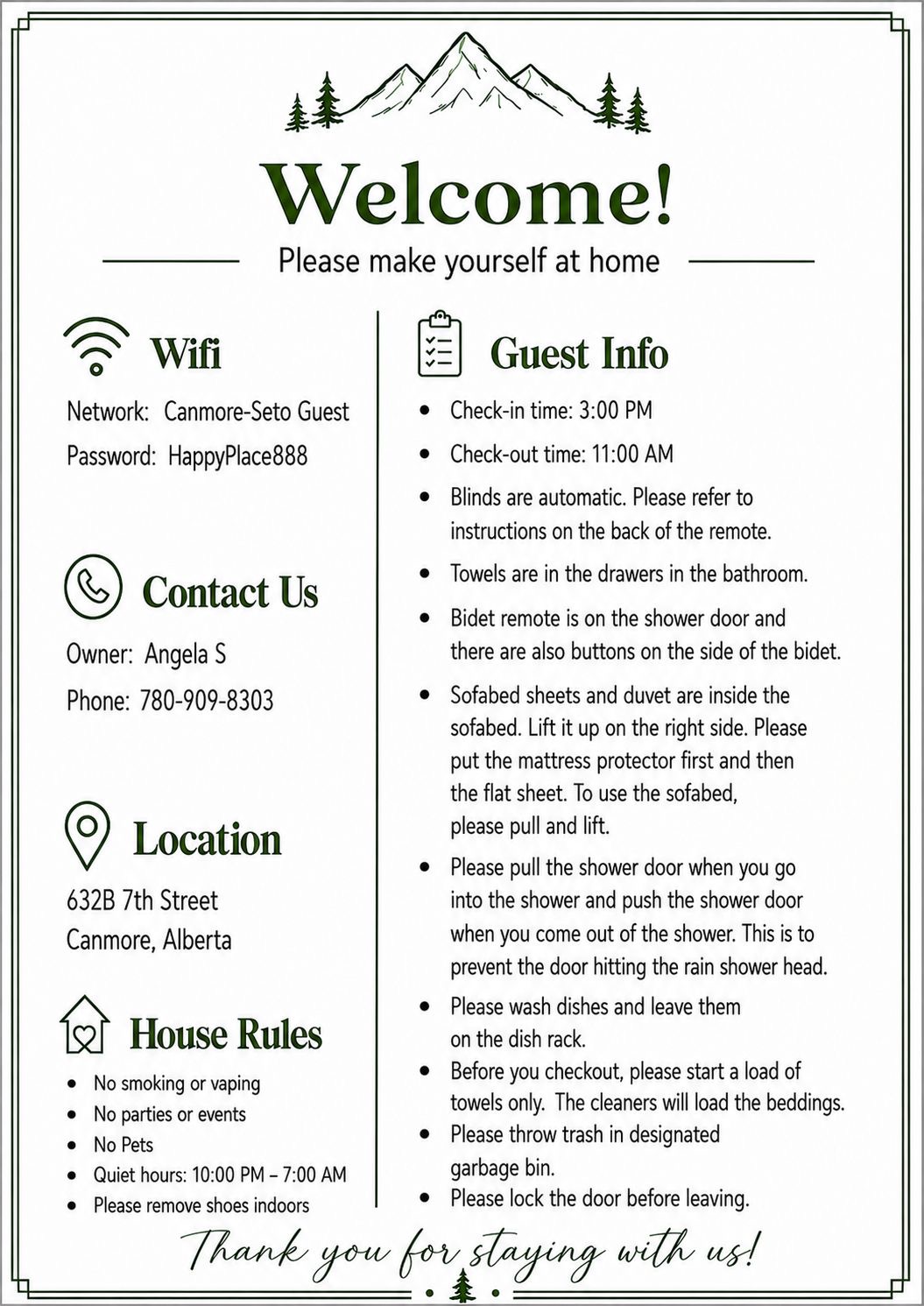 Bow River Retreat welcome information, Wi-Fi, house rules, and guest instructions